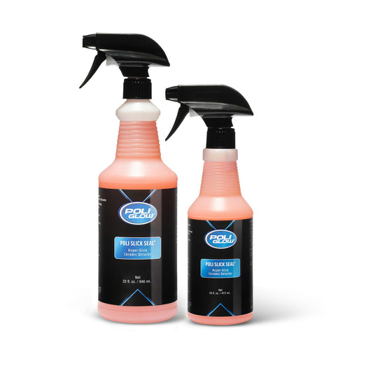 Poli Glow Poli Slick Seal Hyer-slick ceramic detailer size 32 and 16 oz on a white background