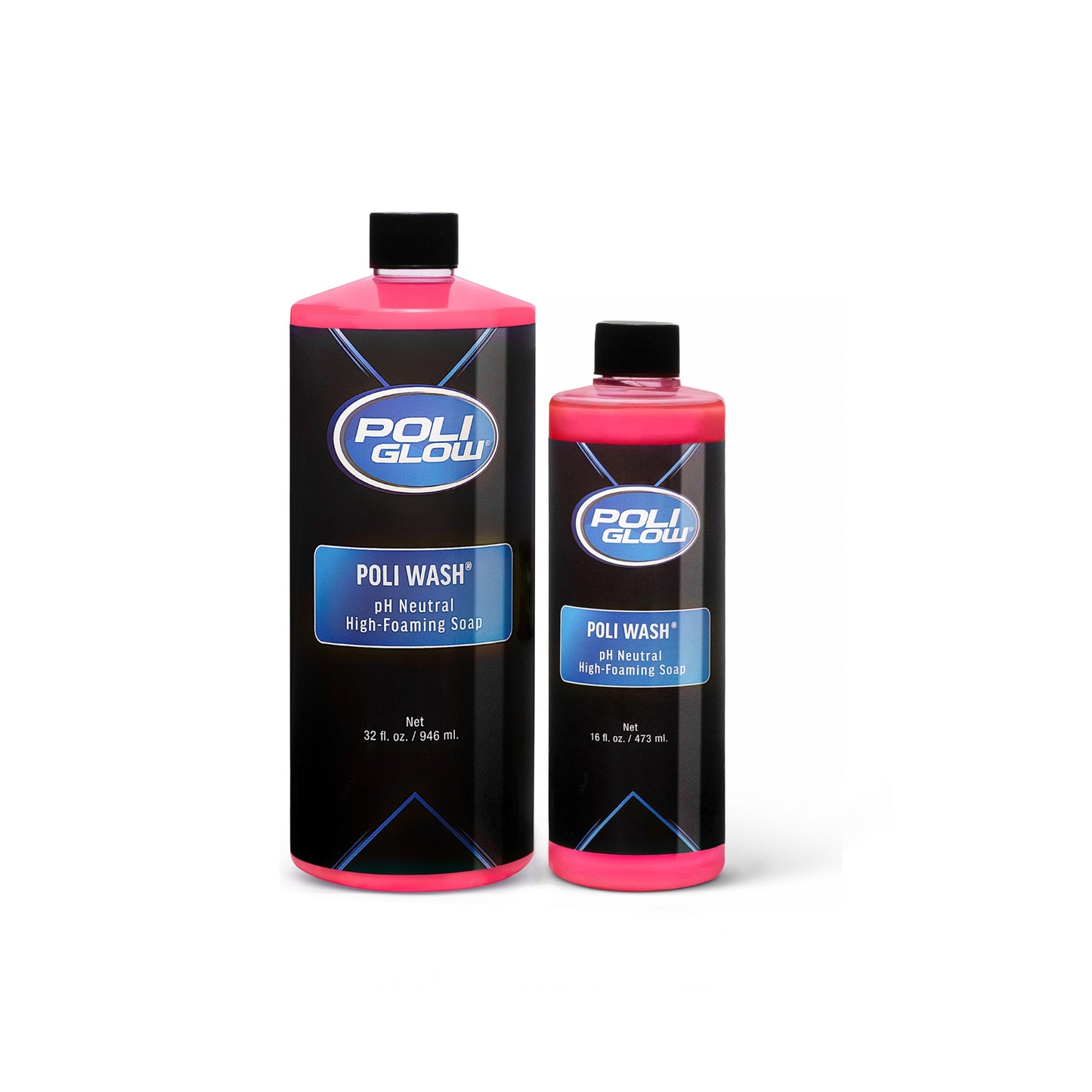 Poli Glow Poli Wash high foaming soap in size 32 oz and 16 oz white background