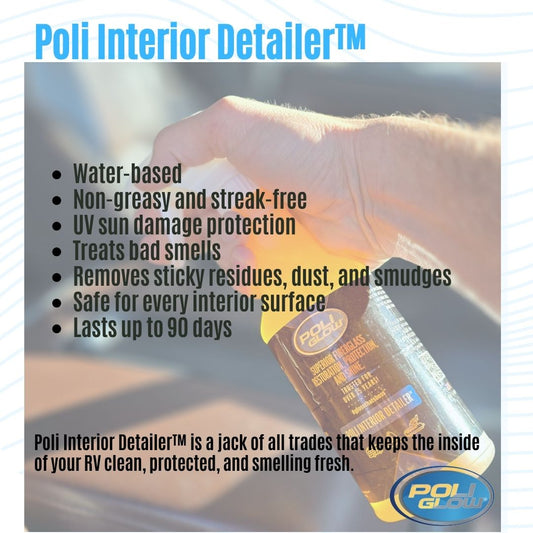 Poli Interior Detailer product with features listed on a blurred background