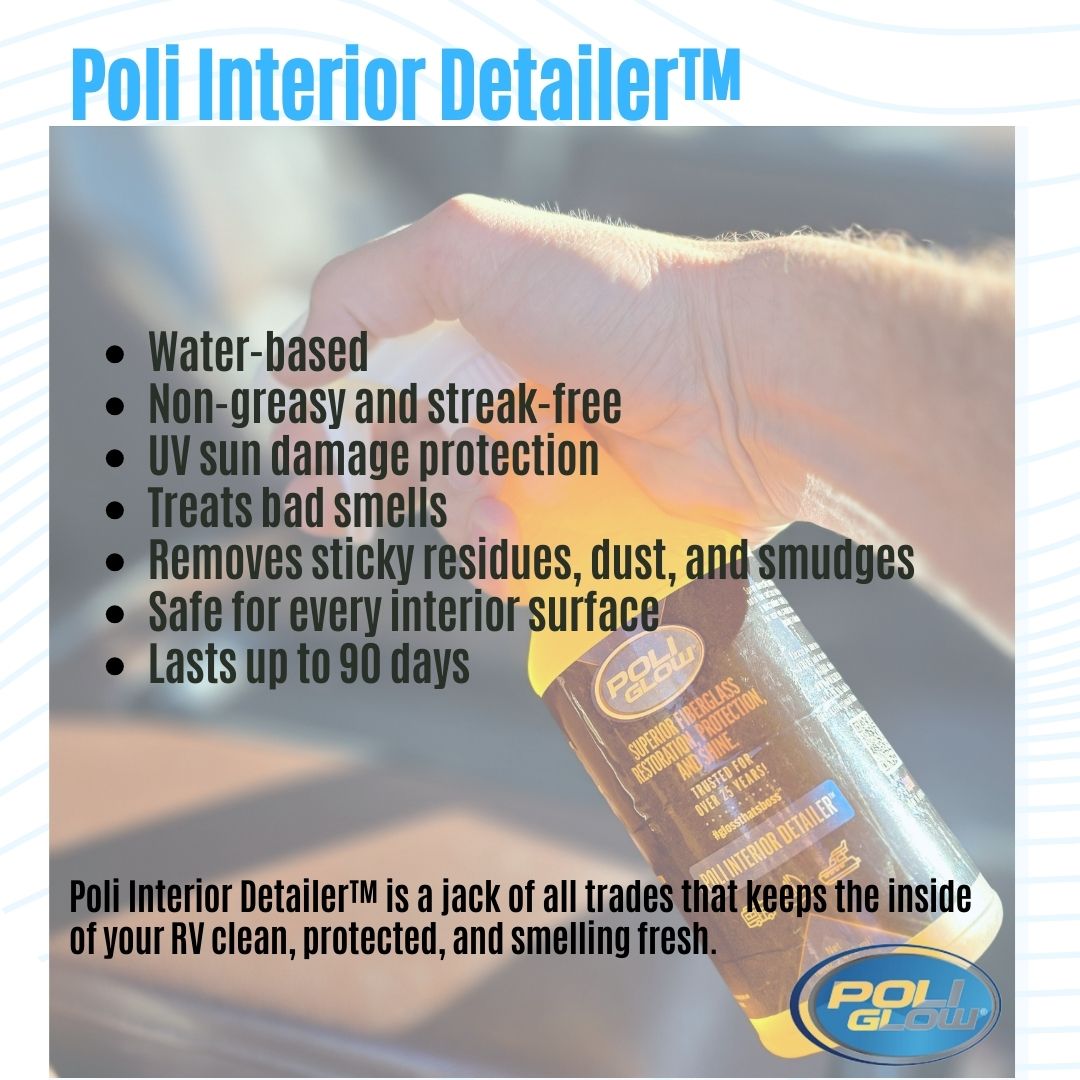 Poli Interior Detailer product with features listed on a blurred background