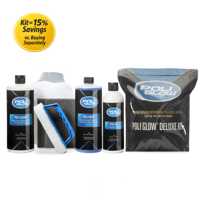 Poli Glow Deluxe Restoration Kit for removing oxidation and restoring Fiberglass or gelcoat shine in a 6 piece set at 15% off bundle pricing